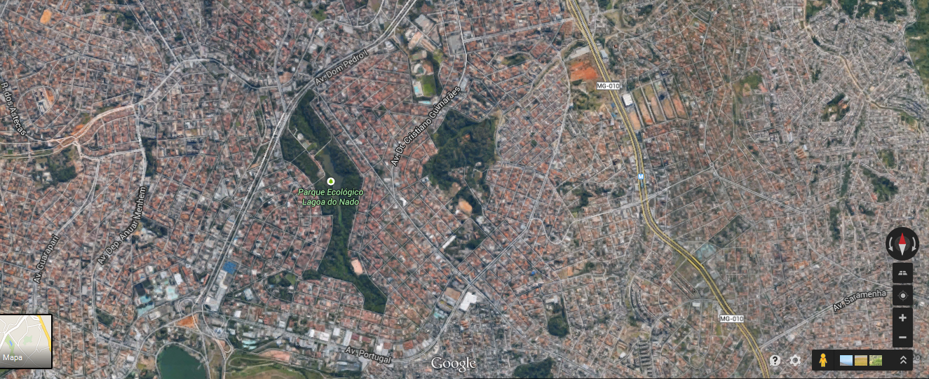 Imagem mostra que as únicas áreas verdes da região são o Parque Lagoa no Nado (à esquerda) e a Mata do Planalto
